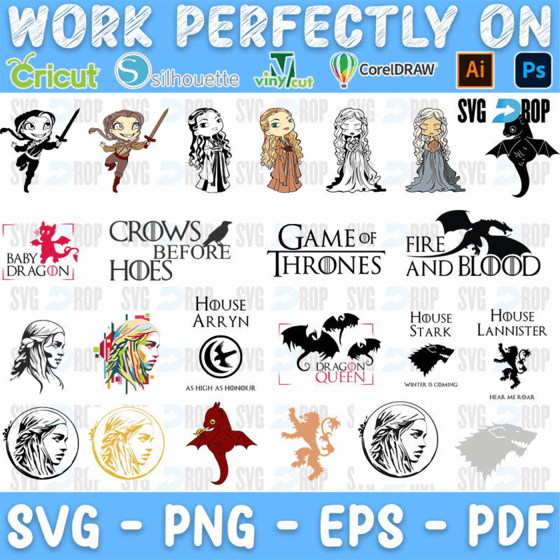 A Game of Thrones mix: chibi characters, Baby Dragon, Crows Before Hoes, Fire and Blood, House Arryn, Stark and Lannister lettering. SVG bundle