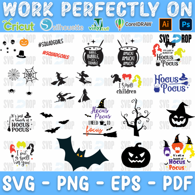 A bundle of Hocus Pocus designs: a Bubble Bubble cauldron, bats, jack o lanterns, a spider web, a bare tree, Squad Goals, I Smell. SVG bundle