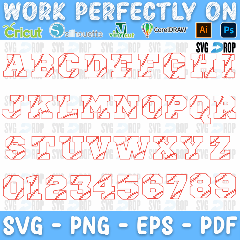 Baseball Font Red Stitch Outline SVG