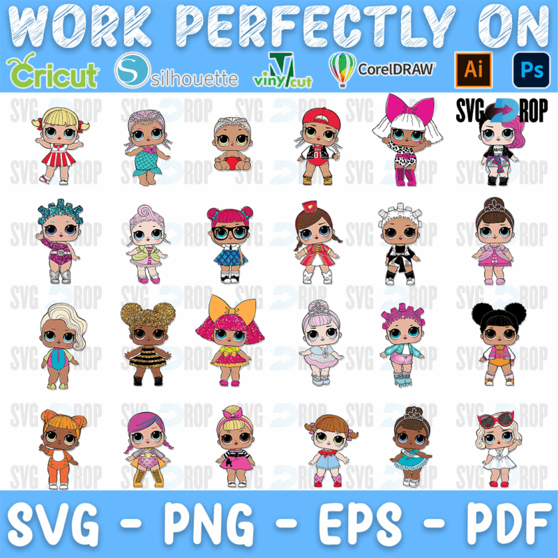 A full color LOL Surprise design set: dolls with big heads and big eyes in colorful outfits, hairstyles and accessories, from sporty. SVG bundle