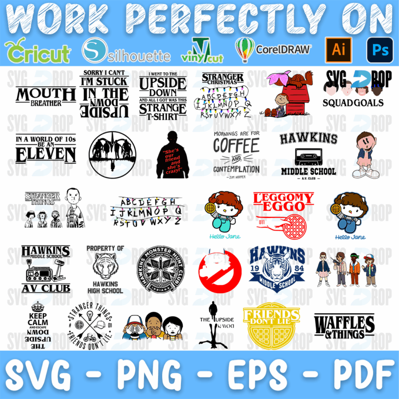 A sheet of Stranger Things designs: Mouth Breather, Stuck in the Upside Down, Coffee and Contemplation, Hawkins AV Club, Eggo waffles. SVG bundle
