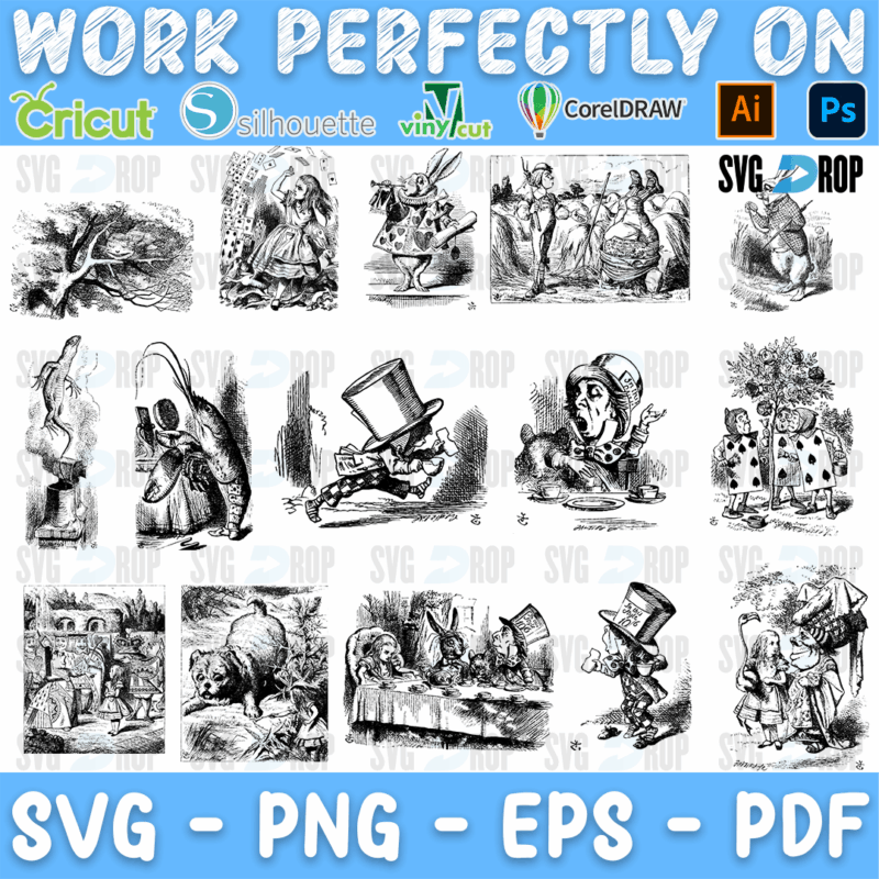 Alice in Wonderland Vintage Hatter Engravings Bundle SVG