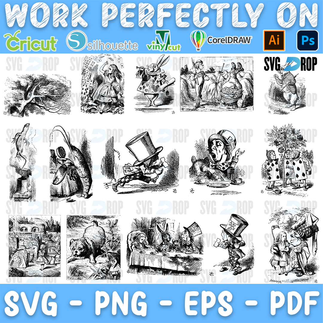 Alice in Wonderland Vintage Hatter Engravings Bundle SVG