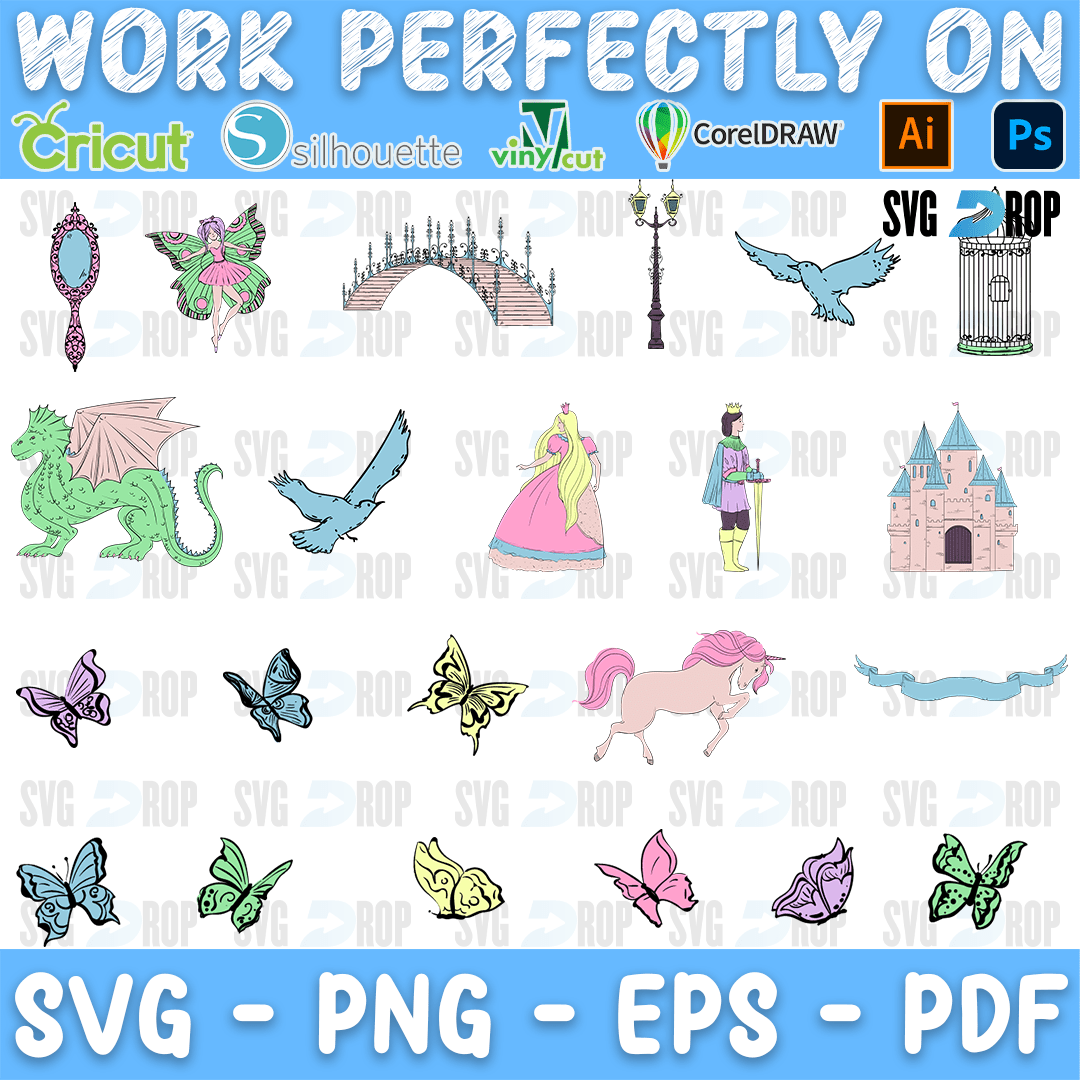 A sheet of pastel fairy tale clipart: butterflies, a green dragon, blue birds, a pink castle, a princess in a pink gown, a unicorn. SVG bundle