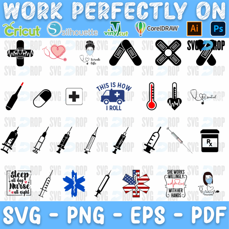 A medical design set: syringes, pills, a thermometer, bandages, a heart, a stethoscope, This Is How I Roll with an ambulance, a pill. SVG bundle