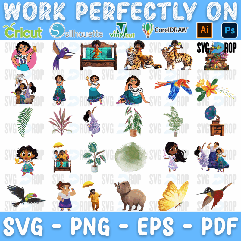 A sheet of Encanto designs: Mirabel, Antonio and the jaguar, potted plants, leaves, a capybara, a toucan, a hummingbird, a butterfly. SVG bundle