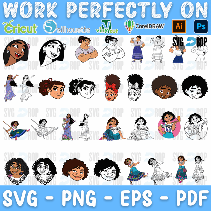 A sheet of Encanto face portraits and figures in full color and black outline: Isabela, Mirabel, Luisa, Camilo, Bruno, Antonio and other. SVG bundle
