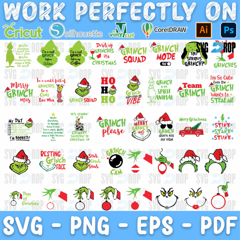 A bundle of Grinch designs: Grinch Squad, Grinch Mode, Team Grinch, Grinch Please, Resting Grinch Face, Grinch Cam, a red truck, Grinch. SVG bundle