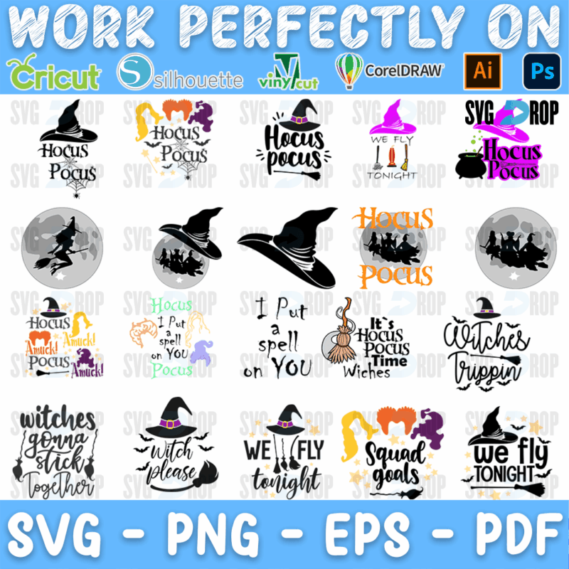 A bundle of Hocus Pocus designs: witch hats, witches flying across full moons, I Put a Spell on You, Witches Gonna Stick Together, Squad. SVG bundle