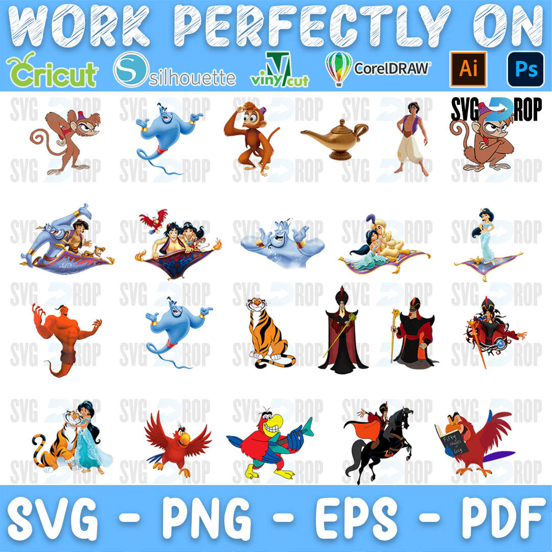 Full color Aladdin characters: Abu, the Genie, the magic lamp, Jafar, Iago, Rajah, the Sultan, Jasmine and Aladdin on the carpet. SVG bundle