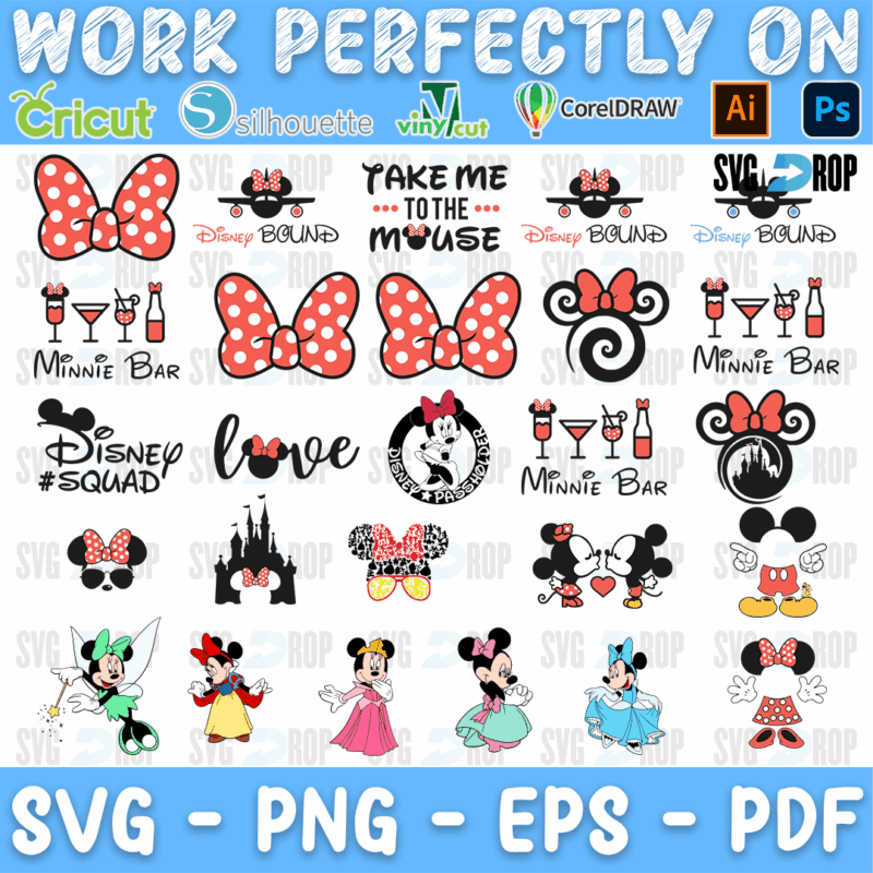 A sheet of Minnie Mouse designs: polka dot bows, Take Me to the Mouse, Disney Bound, Minnie Bar, Disney Squad, Love and Minnie dressed as. SVG bundle