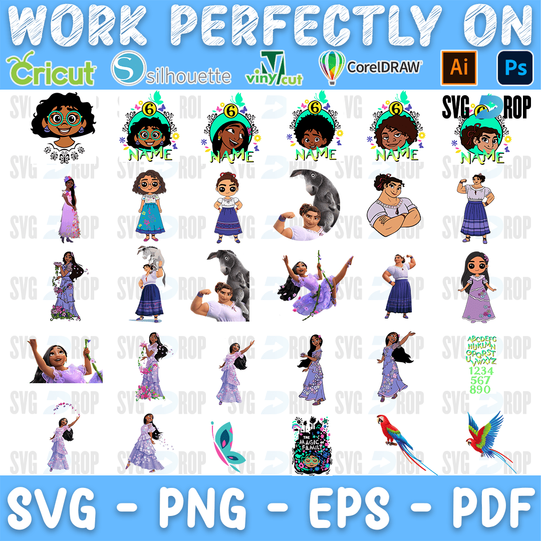 A sheet of Encanto designs: Mirabel head frames with name lettering, Isabela in her purple dress in many poses, Mirabel, a butterfly. SVG bundle