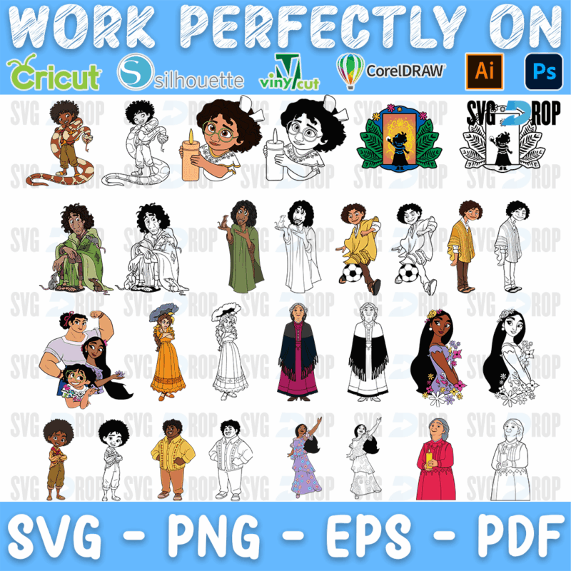 A sheet of Encanto characters in full color and black outline: Mirabel, Luisa, Isabela, Bruno, Dolores, Camilo, Abuela and a window frame. SVG bundle