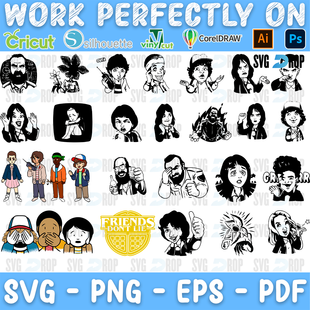 A sheet of Stranger Things character portraits, mostly black silhouette faces of the main cast, plus a few full color cartoon characters. SVG bundle