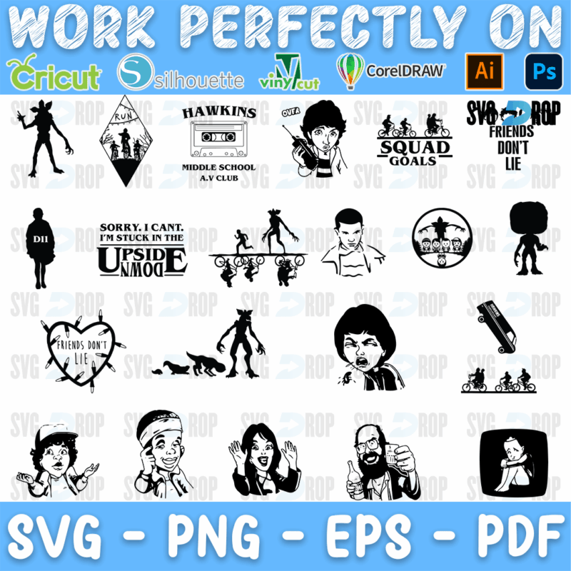 A sheet of black Stranger Things silhouettes and phrases: Hawkins Middle School AV Club, Squad Goals, Friends Don’t Lie, Stuck. SVG bundle