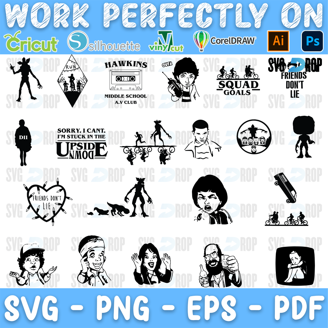 A sheet of black Stranger Things silhouettes and phrases: Hawkins Middle School AV Club, Squad Goals, Friends Don’t Lie, Stuck. SVG bundle