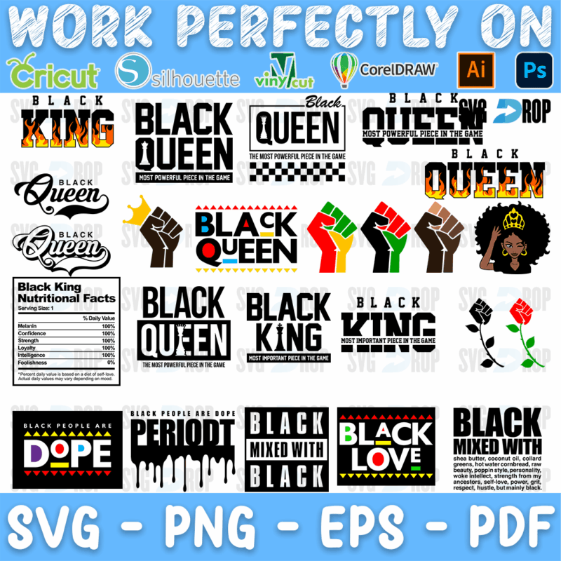 A sheet of Black pride designs: Black King and Black Queen lettering, raised fists in several skin tones, a Black King nutrition facts. SVG bundle