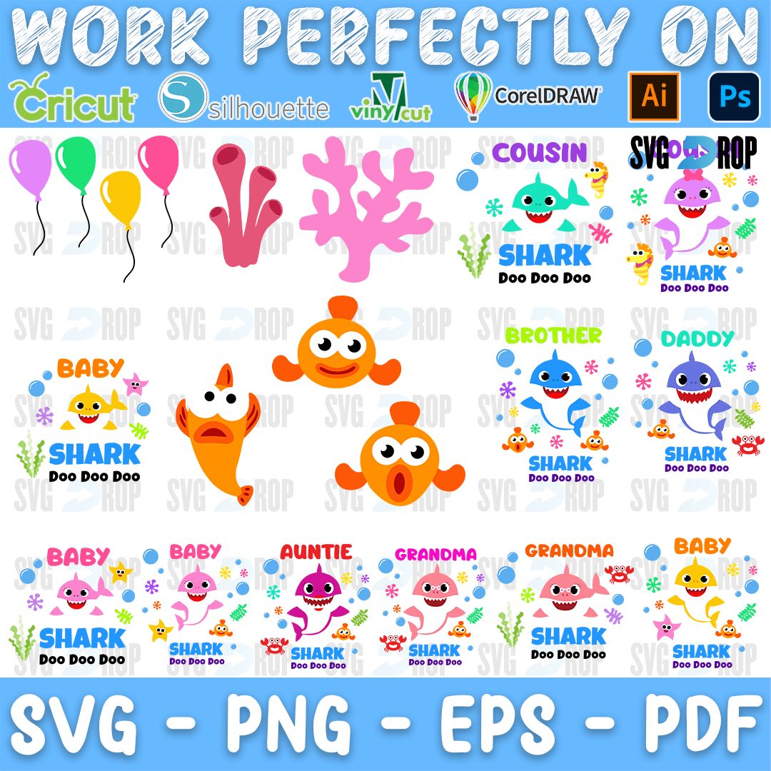 Baby Shark Party Balloons and Fish Bundle SVG
