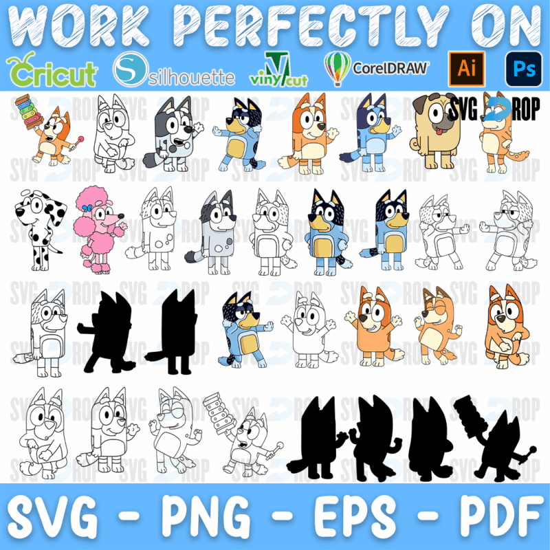 Bluey Friends Coloring Outlines Bundle SVG