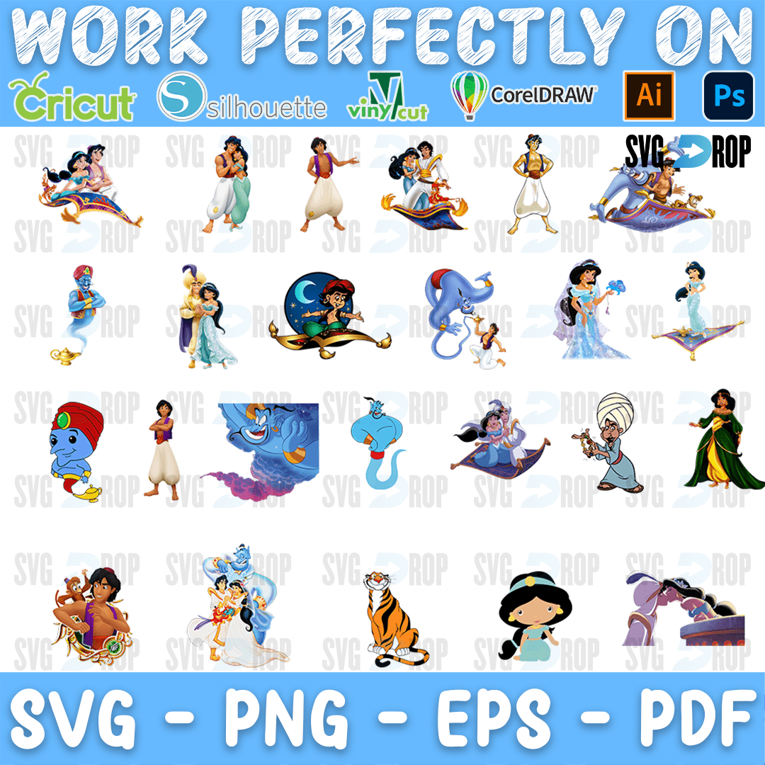 Full color Aladdin characters: Jasmine, Aladdin on the magic carpet, the Genie, Abu, Rajah and Jafar in many poses. SVG bundle