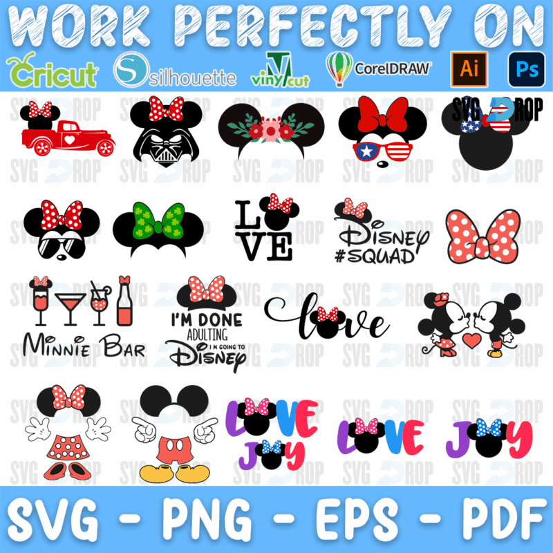 A sheet of mouse ear designs: a Darth Vader helmet with ears, a red truck, floral ears, American flag ears, Minnie Bar, Disney Squad, I’m. SVG bundle