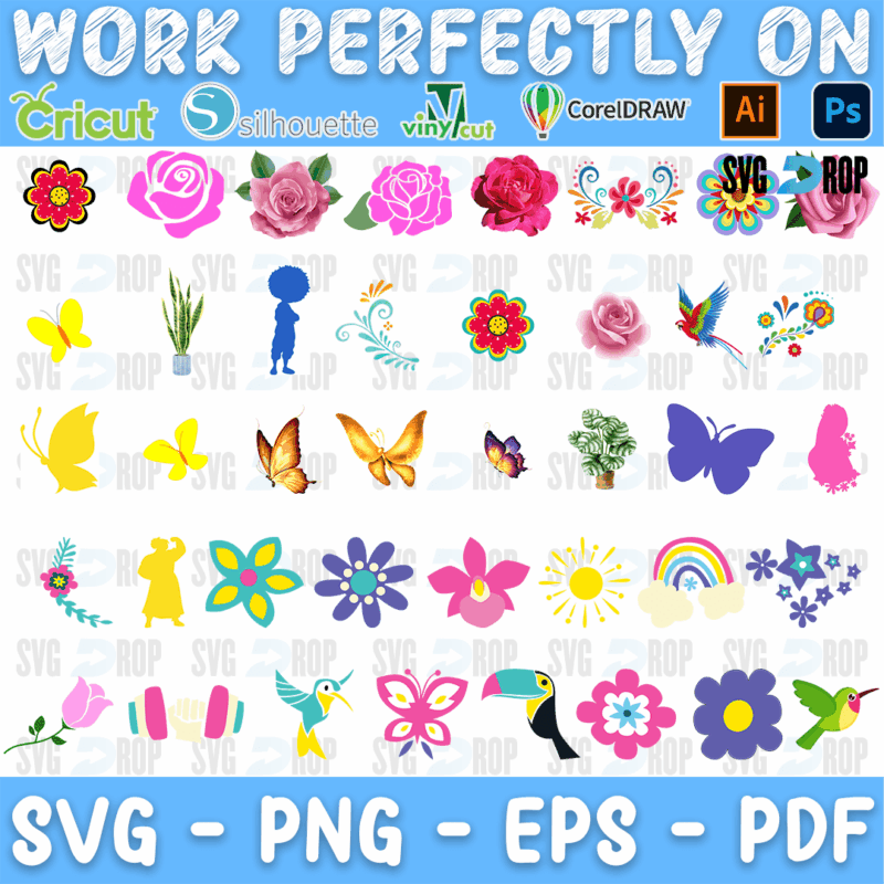 A set of full color Encanto flowers and nature pieces: roses, daisies, butterflies, a toucan, a hummingbird, a rainbow, a sun, leaves. SVG bundle