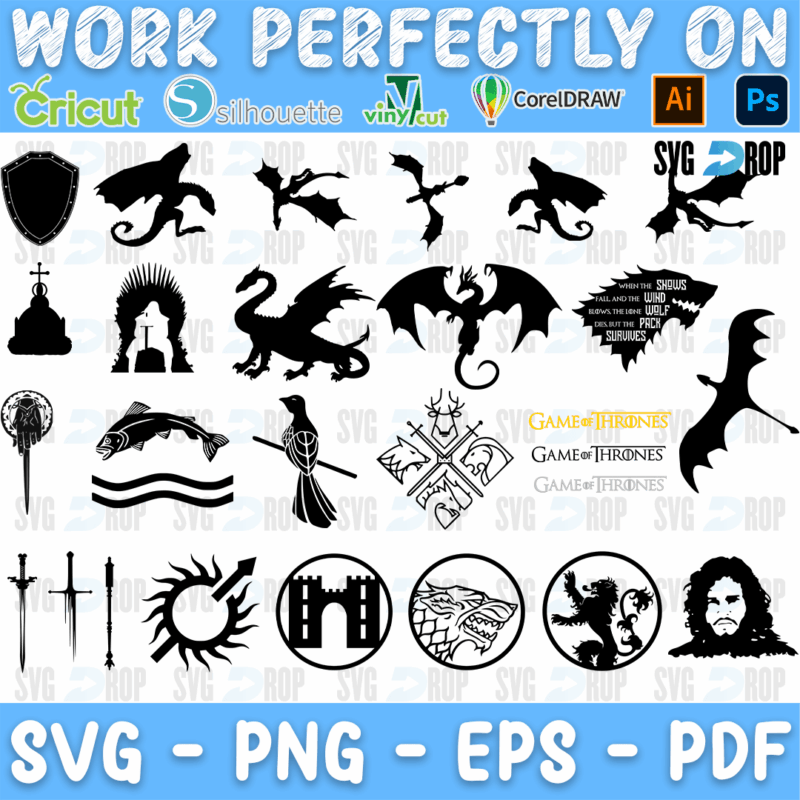 Black Game of Thrones silhouettes: dragons in flight, the Iron Throne, swords, house sigils in circles, Jon Snow and Game of Thrones. SVG bundle