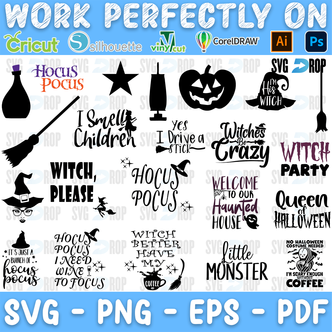 A bundle of black Hocus Pocus and Halloween designs: a potion bottle, broom, pumpkin, witch hat, I Smell Children, Witch Please, Witches. SVG bundle