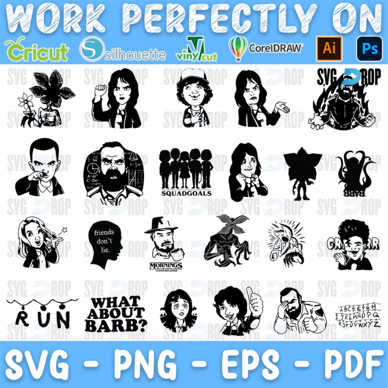 A sheet of black Stranger Things silhouettes: cast portraits, the Demogorgon, the group of kids, Friends Don’t Lie in a head outline, Run. SVG bundle