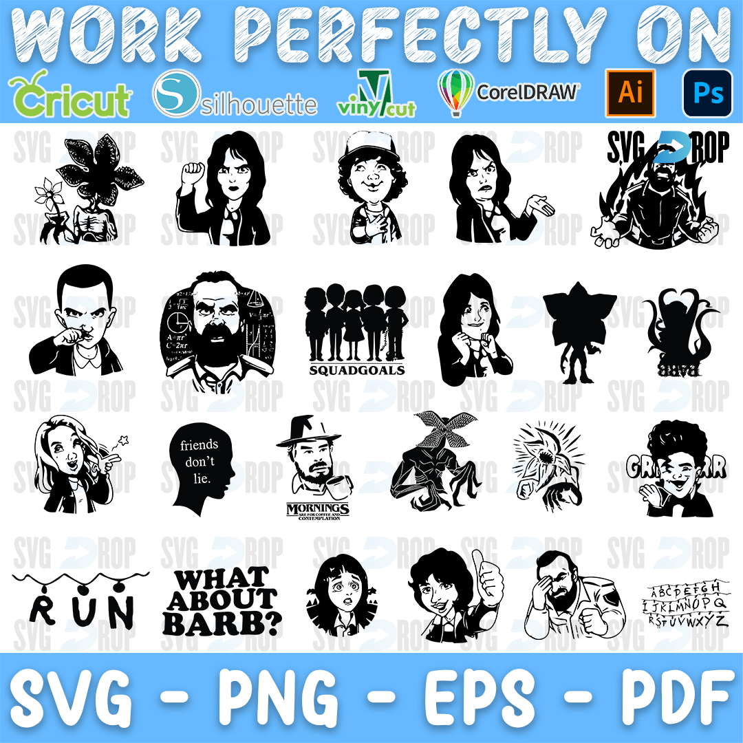 A sheet of black Stranger Things silhouettes: cast portraits, the Demogorgon, the group of kids, Friends Don’t Lie in a head outline, Run. SVG bundle