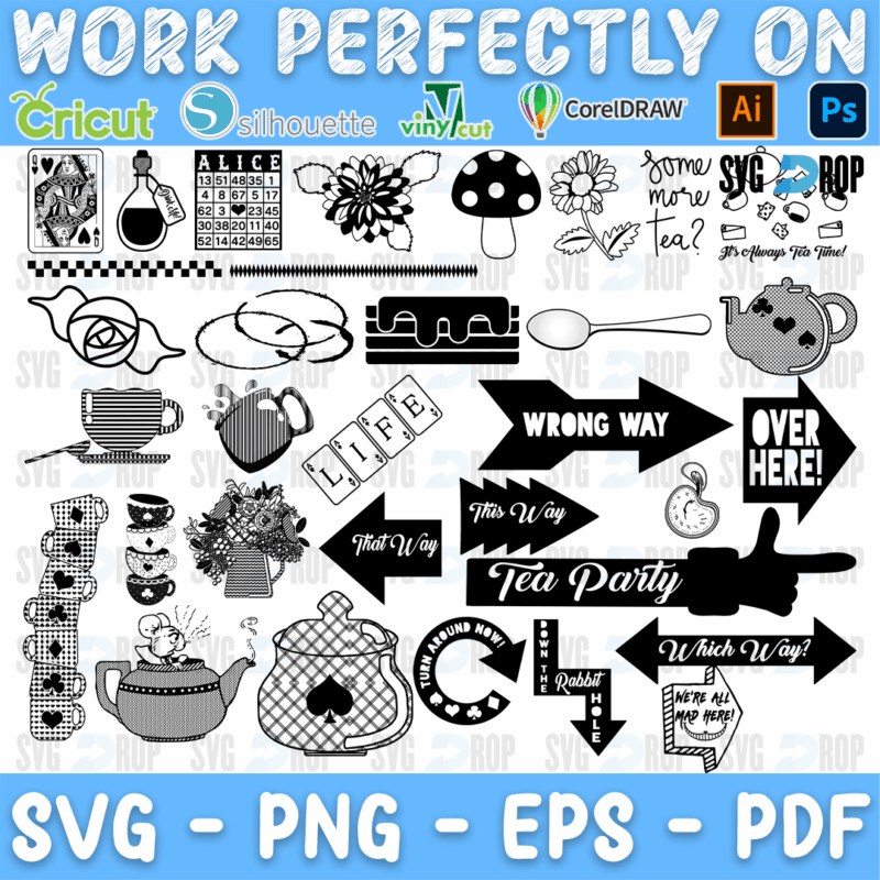 Alice in Wonderland Tea Party Signs Bundle SVG