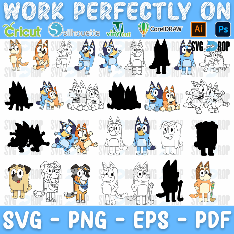 Bluey Family Outlines and Silhouettes Bundle SVG