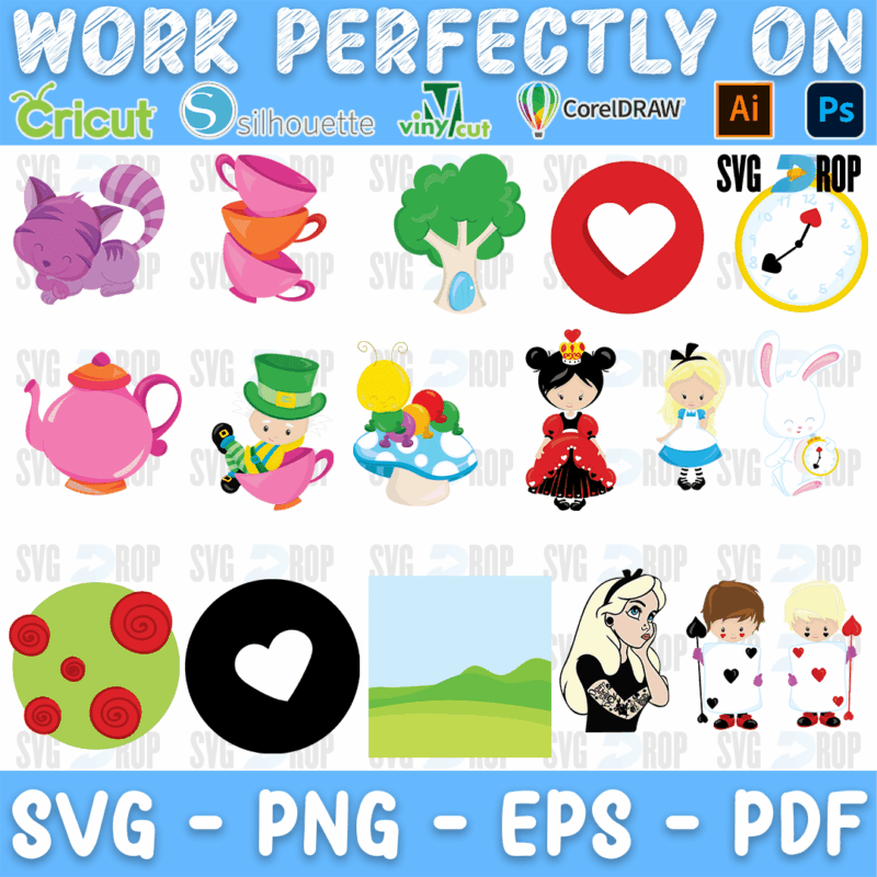 Alice in Wonderland Full Color Clipart Bundle SVG