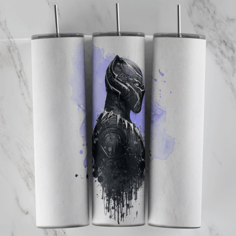 A Black Panther tumbler wrap with the suited hero in black paint drips over a light lavender watercolor wash on white. Sublimation design