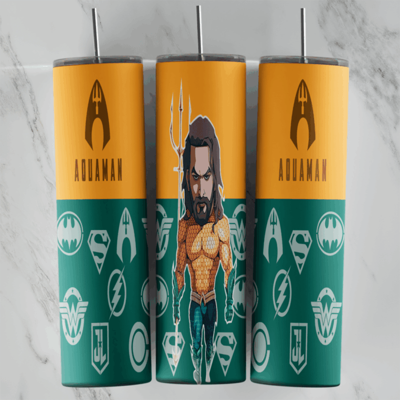 A full 20 oz skinny tumbler wrap with a chibi Aquaman holding a trident, orange Aquaman logo panels and a teal band of Justice. Sublimation design