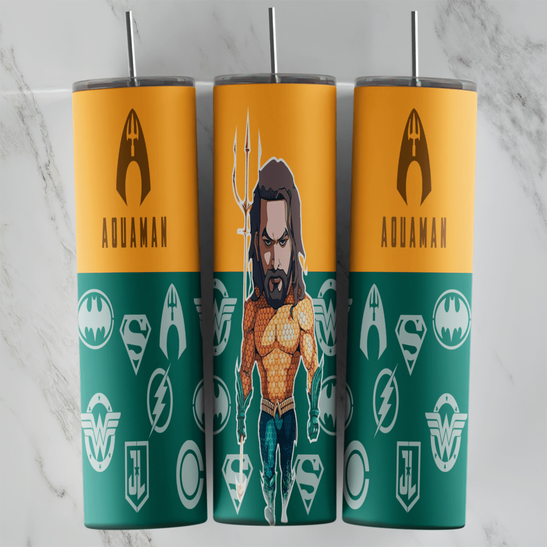 A full 20 oz skinny tumbler wrap with a chibi Aquaman holding a trident, orange Aquaman logo panels and a teal band of Justice. Sublimation design