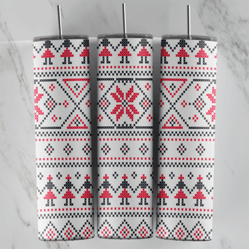 A 20 oz skinny tumbler wrap with a white folk pattern of red eight pointed stars, stitched people figures and black and red. Sublimation design