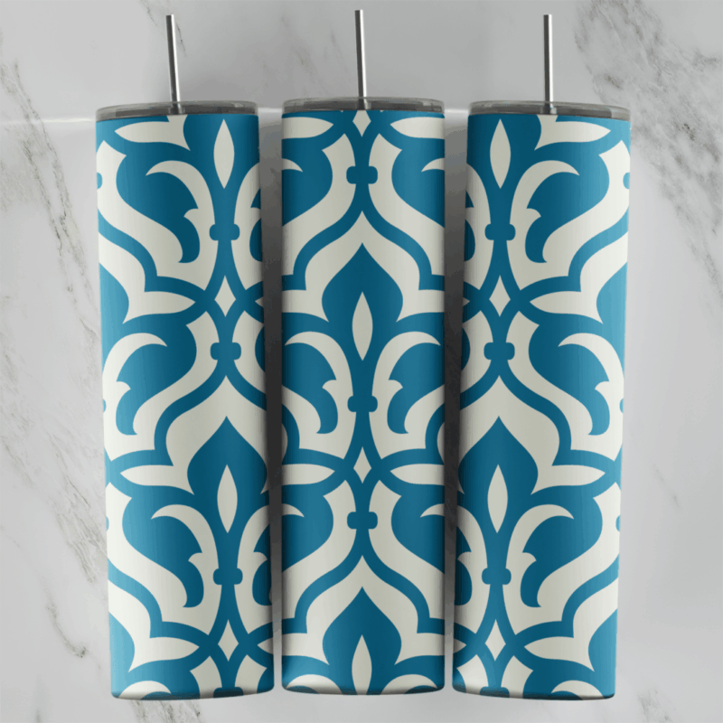 A 20 oz skinny tumbler wrap with a teal and cream arabesque pattern: bold interlocking ogee shapes and fleur motifs repeating all. Sublimation design