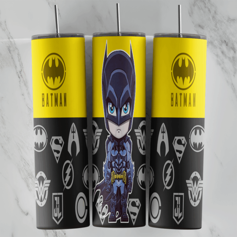 A yellow and black 20 oz tumbler wrap: Batman lettering and bat logos on the yellow top, a cute chibi Batman in the center. Sublimation design
