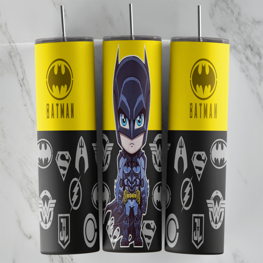 A yellow and black 20 oz tumbler wrap: Batman lettering and bat logos on the yellow top, a cute chibi Batman in the center. Sublimation design
