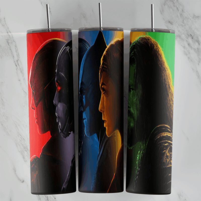 A 20 oz skinny tumbler wrap of three shadowed hero side profiles, one lit in red, one in blue and one in green. Sublimation design