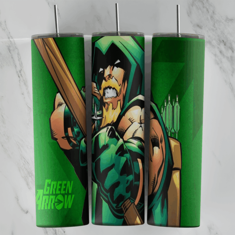 A full 20 oz skinny tumbler wrap with comic book Green Arrow pulling back his bow in a green hood, with arrows and the Green. Sublimation design