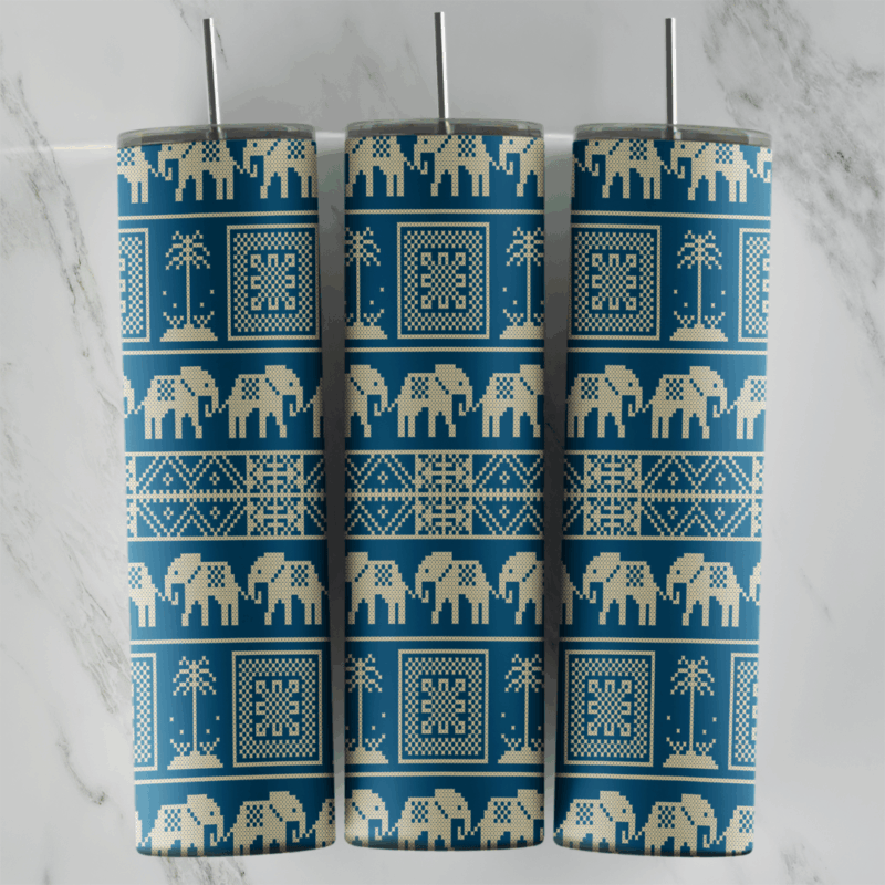 A 20 oz skinny tumbler wrap with a blue cross-stitch pattern of cream elephants, palm trees, square medallions and a central. Sublimation design