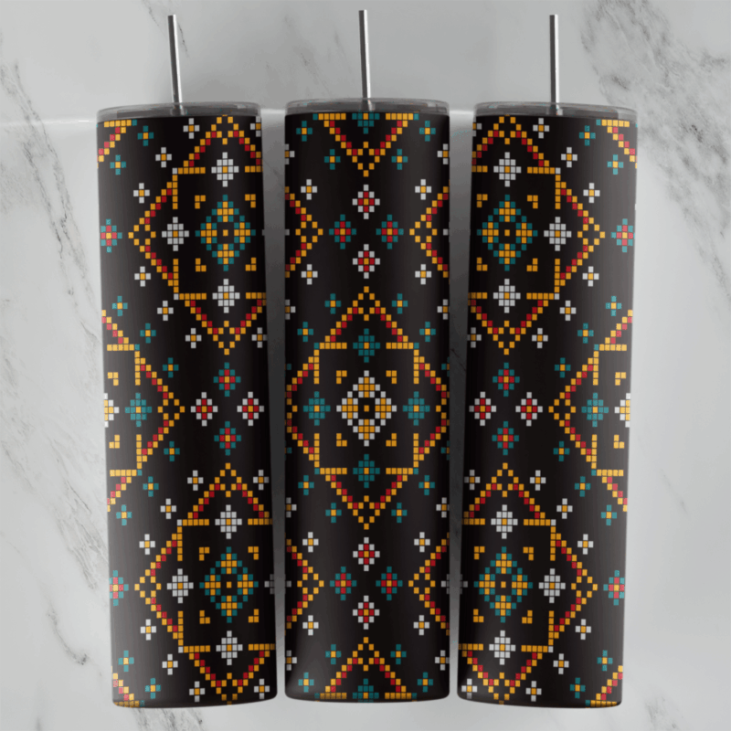 A 20 oz skinny tumbler wrap with a black cross-stitch pattern of orange diamond frames filled with teal, red, yellow and white. Sublimation design