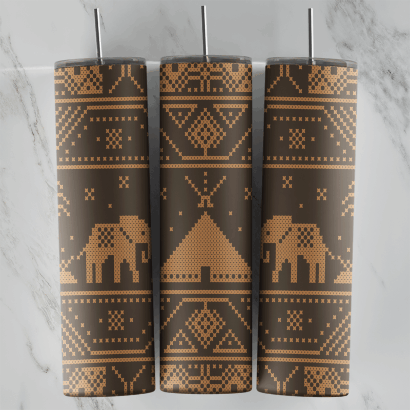 A 20 oz skinny tumbler wrap with a dark brown knit pattern of tan elephants beside a tent, with stitched diamonds and zigzag. Sublimation design