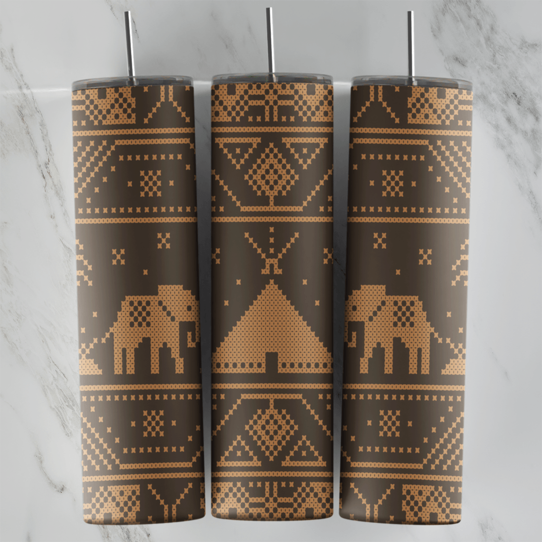 A 20 oz skinny tumbler wrap with a dark brown knit pattern of tan elephants beside a tent, with stitched diamonds and zigzag. Sublimation design