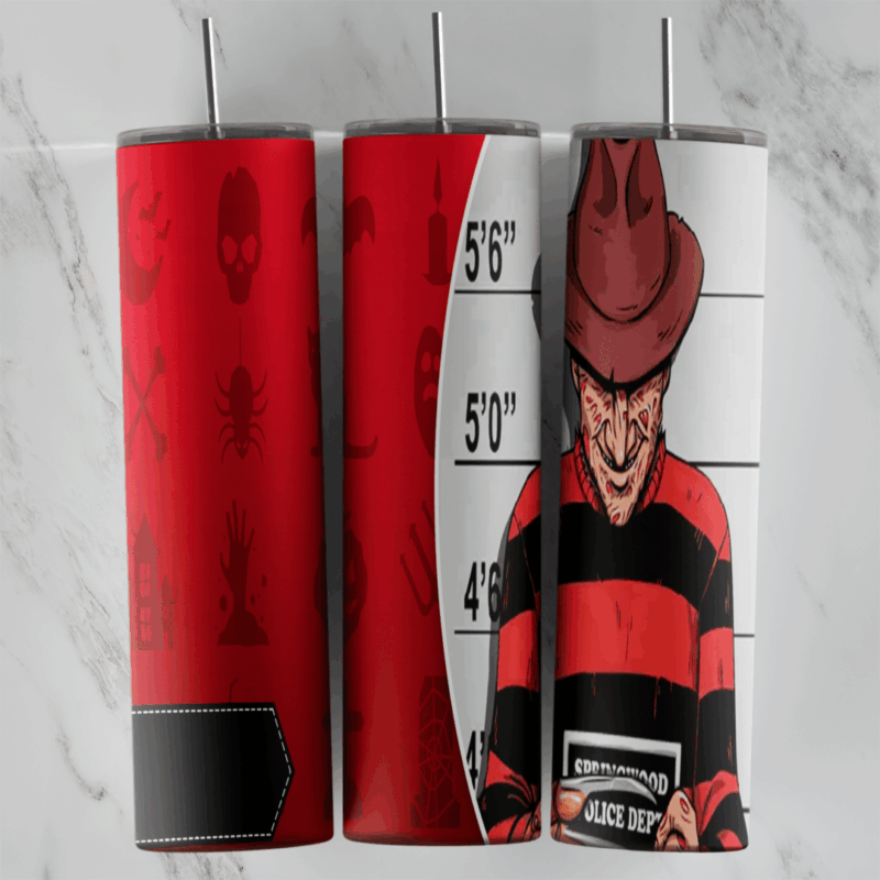 A full 20 oz skinny tumbler wrap with cartoon Freddy Krueger holding a police board in front of a mugshot height chart. Sublimation design