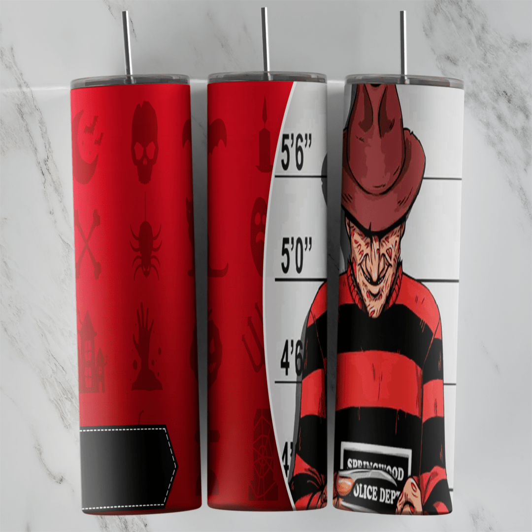 A full 20 oz skinny tumbler wrap with cartoon Freddy Krueger holding a police board in front of a mugshot height chart. Sublimation design