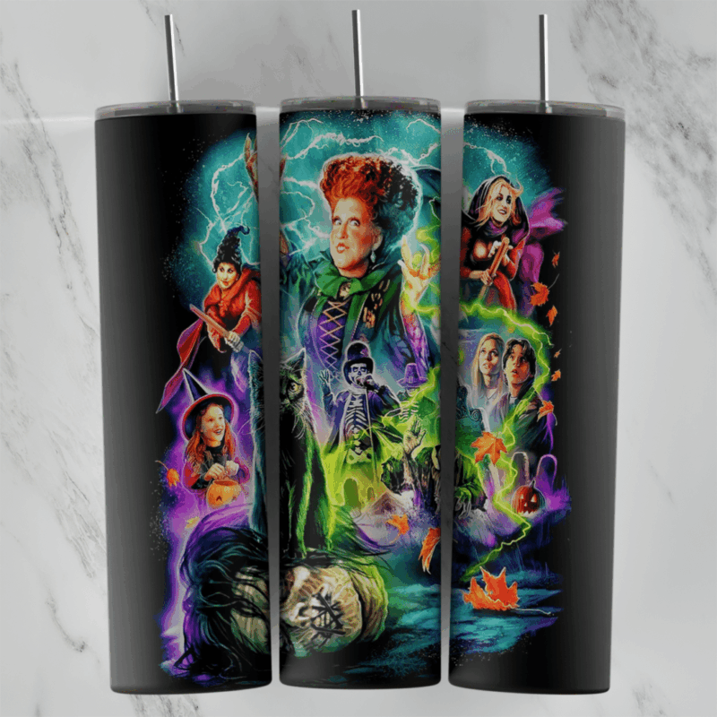 A 20 oz skinny tumbler wrap with the Sanderson sisters in neon green, purple and teal paint strokes, Binx the cat. Sublimation design