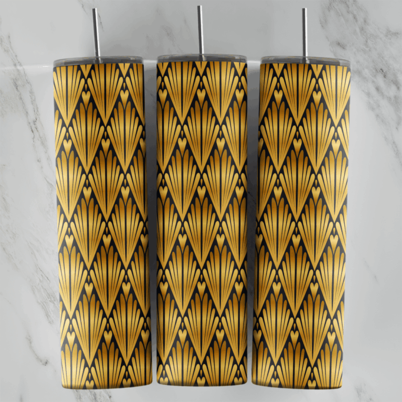 A 20 oz skinny tumbler wrap with a black and gold art deco pattern of small fan shapes stacked in a scale design. Sublimation design